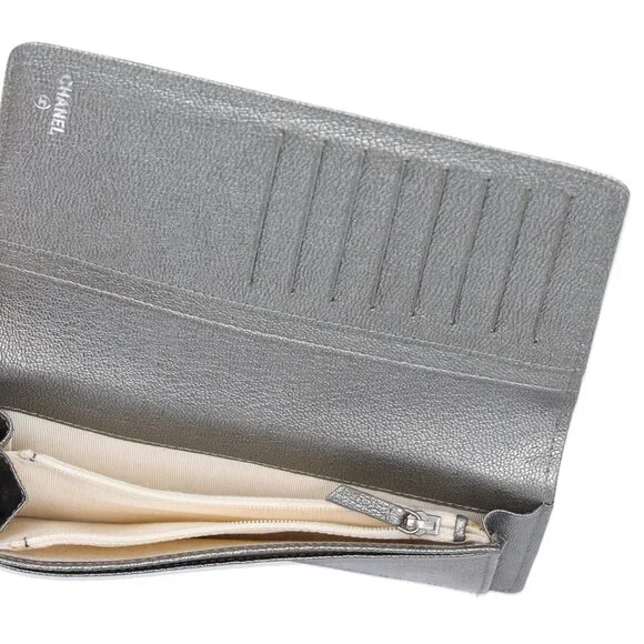 CHANEL Bicolor Long Bifold Wallet Champagne Gold Silver Leather Wallets